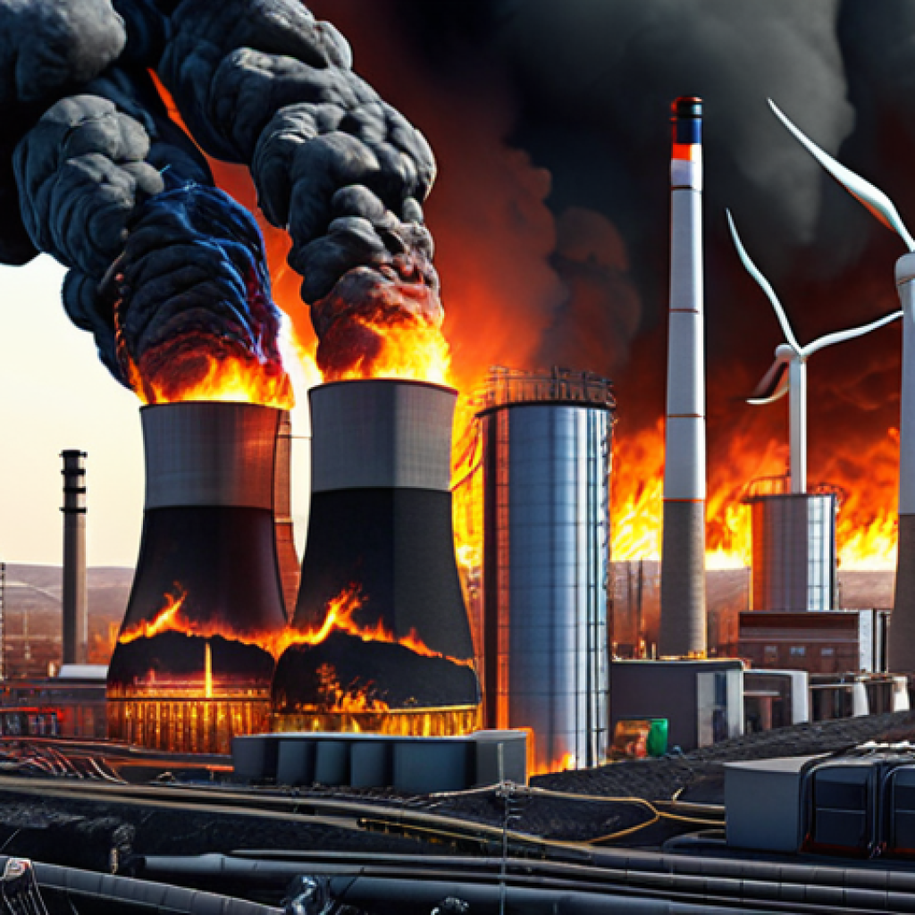**A vibrant illustration depicting the transformation of energy, from burning coal (chemical energy) to powering a modern city with electricity. Emphasize the First Law of Thermodynamics with visual cues showing energy conservation.**