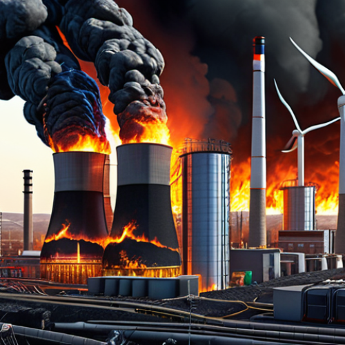 Home 4 **A vibrant illustration depicting the transformation of energy, from burning coal (chemical energy) to powering a modern city with electricity. Emphasize the First Law of Thermodynamics with visual cues showing energy conservation.**