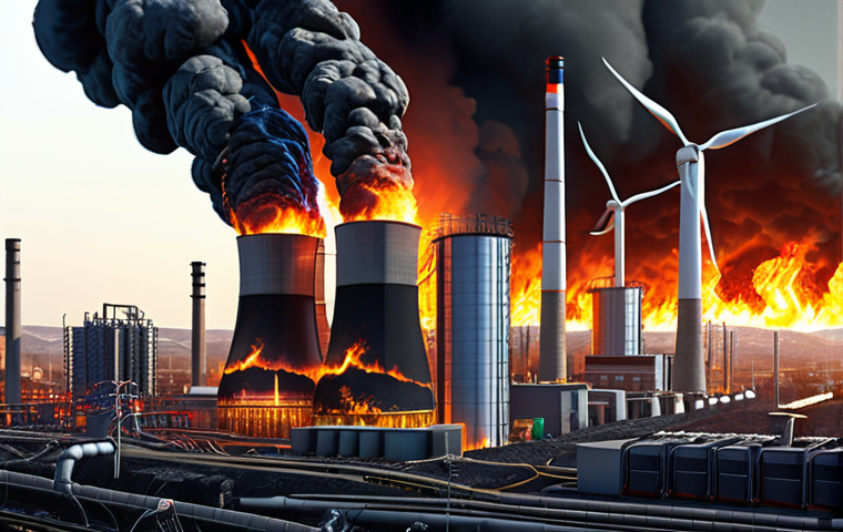 **A vibrant illustration depicting the transformation of energy, from burning coal (chemical energy) to powering a modern city with electricity. Emphasize the First Law of Thermodynamics with visual cues showing energy conservation.**