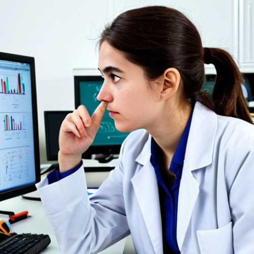 A professional female physics PhD student, fully clothed in a modest lab coat over appropriate attire. Seated at a desk in a clean, modern physics laboratory, surrounded by scientific instruments, and a computer monitor displaying complex data visualizations and equations. Stacks of research papers are neatly piled on the desk. She is looking intently at the screen with a thoughtful, focused expression, perhaps pointing to a data point, conveying deep concentration and the process of data analysis or problem-solving. Perfect anatomy, correct proportions, natural pose, well-formed hands, proper finger count, natural body proportions, professional photography, high resolution, detailed, studio lighting, safe for work, appropriate content, fully clothed, professional, modest.