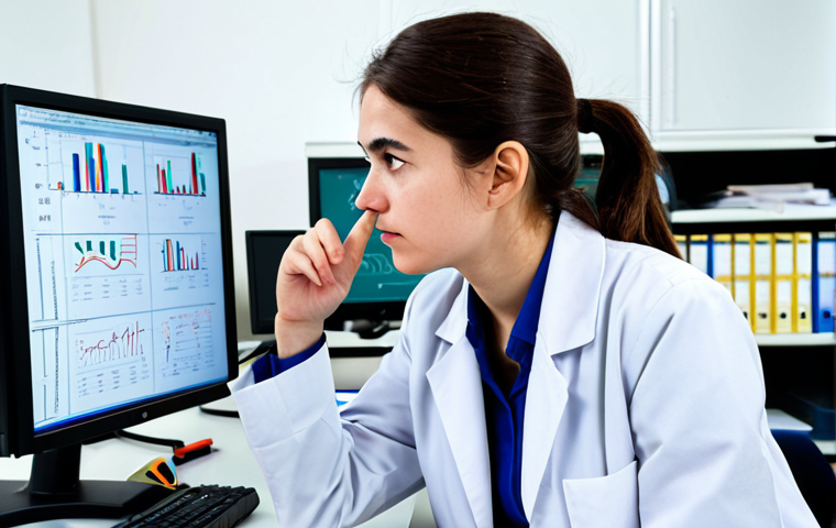 A professional female physics PhD student, fully clothed in a modest lab coat over appropriate attire. Seated at a desk in a clean, modern physics laboratory, surrounded by scientific instruments, and a computer monitor displaying complex data visualizations and equations. Stacks of research papers are neatly piled on the desk. She is looking intently at the screen with a thoughtful, focused expression, perhaps pointing to a data point, conveying deep concentration and the process of data analysis or problem-solving. Perfect anatomy, correct proportions, natural pose, well-formed hands, proper finger count, natural body proportions, professional photography, high resolution, detailed, studio lighting, safe for work, appropriate content, fully clothed, professional, modest.