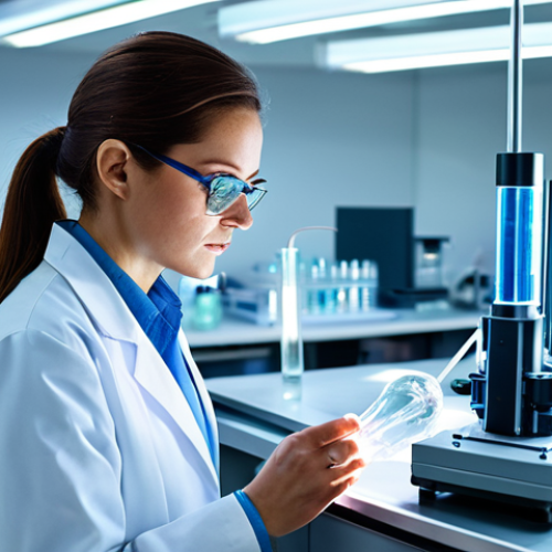 ** A professional female scientist in a fully clothed lab coat, examining a glowing crystal in a high-tech laboratory, appropriate attire, safe for work, perfect anatomy, natural proportions, bright lighting, professional photograph, high quality, modest.

**