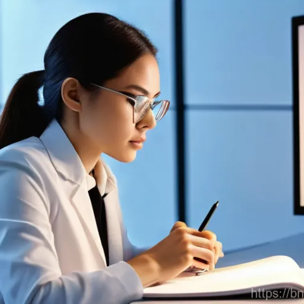 물리학 연구 논문 작성법 - **Prompt:** "A focused female physicist in her early 30s, dressed professionally in smart casual wea...