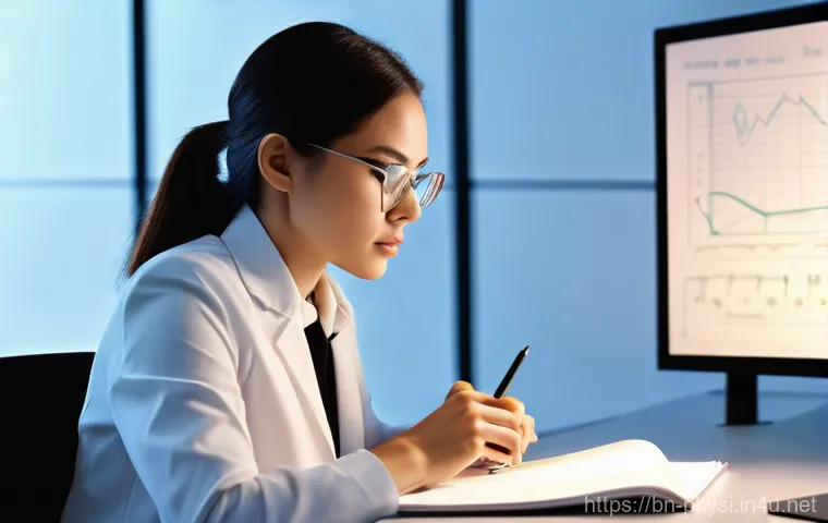 물리학 연구 논문 작성법 - **Prompt:** "A focused female physicist in her early 30s, dressed professionally in smart casual wea...