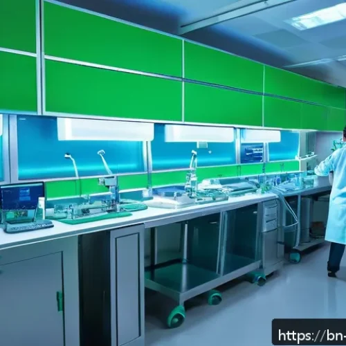 Home 33 물리학과 생물학의 융합 연구 - A futuristic biomedical laboratory scene in a Bengali hospital setting, showcasing scientists using ...