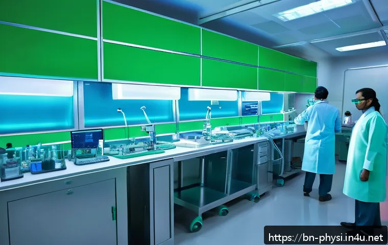물리학과 생물학의 융합 연구 - A futuristic biomedical laboratory scene in a Bengali hospital setting, showcasing scientists using ...