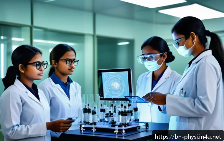 물리학 분야의 여성 과학자 - A group of Bangladeshi female scientists in a modern research laboratory, wearing professional attir...