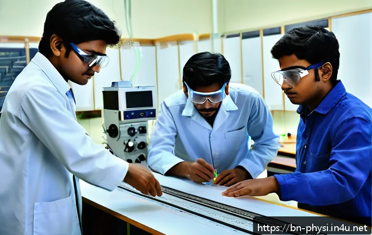 물리학과 물리 교육의 차이 - A modern physics laboratory scene featuring a diverse group of Bengali students wearing casual cloth...