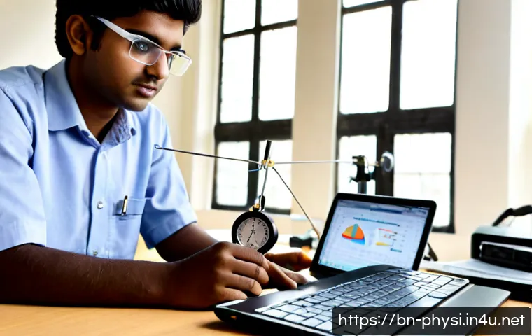 Home 17 물리학 실험 데이터 분석법 - Photorealistic physics laboratory scene, Bengali university student wearing safety glasses carefully...